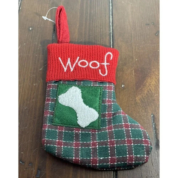 Christmas Red Green Small Plaid Woof Dog Bone Stocking Small NEW‎ - Picture 1 of 2